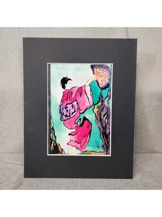 Unbranded Other - Vintage 1995 Color Ink Artwork Geshia w Komono & Fan Art 5" x 7" Matted 10"x8"